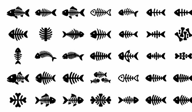 Modern fish bone icon collection with seafood skeleton and marine vector symbols
