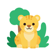 Fototapeta premium Cute tiger cub sitting among stylized foliage and trees in a cartoon style