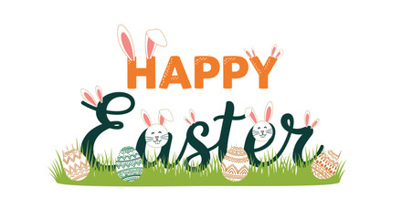 Naklejka premium Festive Happy Easter greeting text decorated with cute bunny ears and colorful patterned eggs sitting in green grass on white background.
