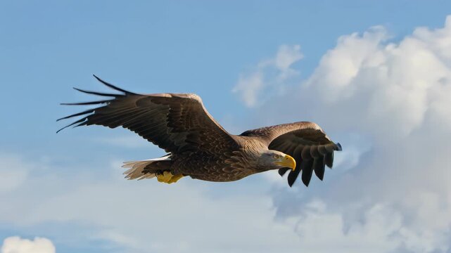 Majestic white-tailed eagle soaring through the blue sky with clouds