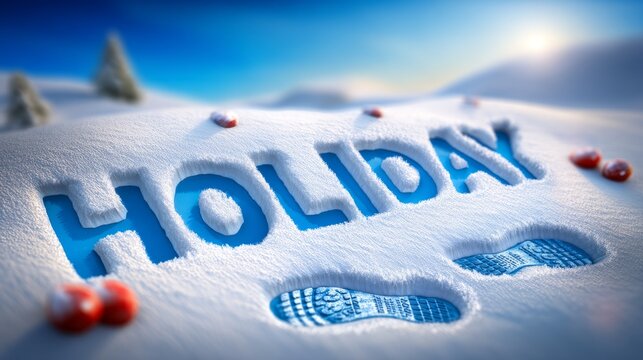 Large Carved Word HOLIDAY on Snowy Surface with Footprints