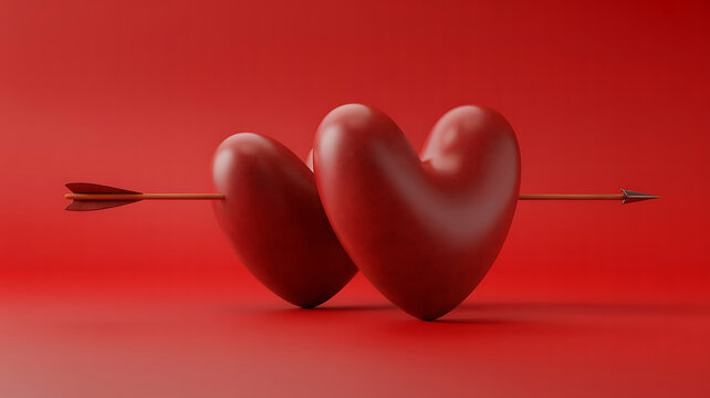 Two red hearts pierced by an arrow on a red background symbolizing love and passion