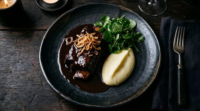 Gourmet Braised Beef Dish Served with Creamy Mashed Potatoes and Fresh Greens on a Rustic Plate for Fine Dining Meal