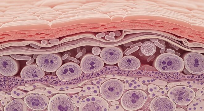 Microscopic image of human skin tissue cells, detailed close-up view, medical illustration, scientific study, educational resource