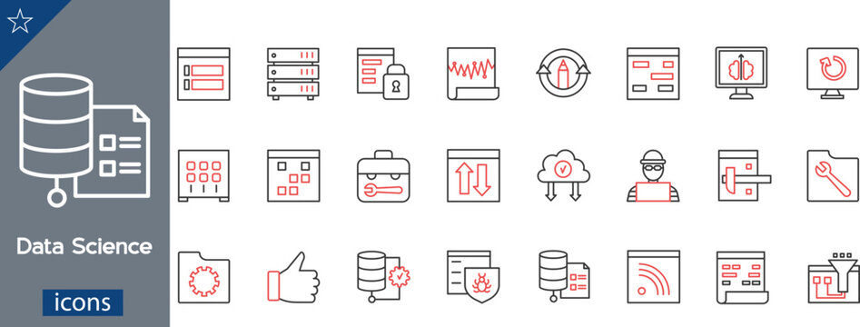 Data Science and IT Icons 24 Linear Monolinear Set for Cloud Storage, Cybersecurity, Data Analytics, and Network Infrastructure