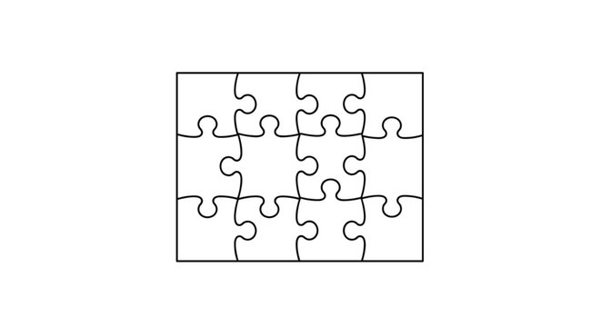 Twelve interlocking white jigsaw puzzle pieces forming a complete rectangular grid representing teamwork and problem-solving concepts.