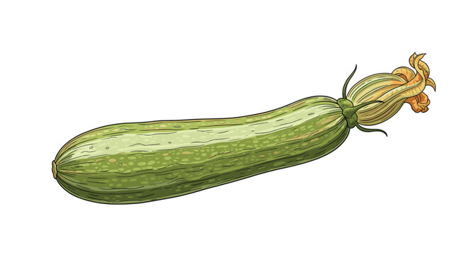 Fresh green zucchini squash illustration with its yellow blossom still attached showing realistic textures and organic vegetable details.