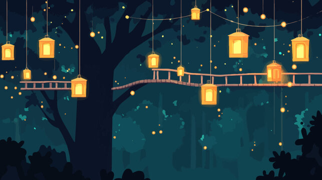 Illustration of a whimsical forest scene at night with lit lanterns.  Wooden bridge. Fireflies