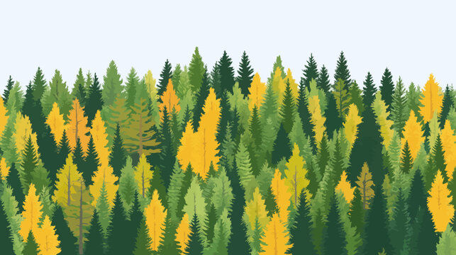 A stylized illustration depicting a vibrant forest of various green and golden yellow trees, with a light sky