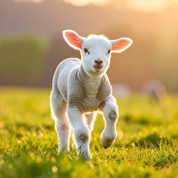 Adorable fluffy lamb frolics in golden light