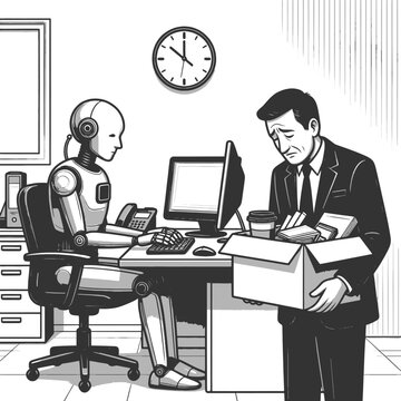 robot working at a desk while a sad businessman leaves with a box of belongings sketch engraving generative ai fictional character vector illustration. Scratch board imitation. Black and white image.