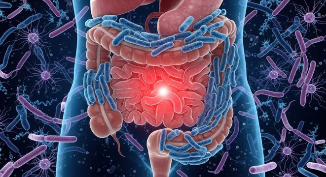 Highlighted human digestive system with surrounding gut microbiota