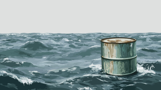 A weathered oil drum floats adrift in turbulent ocean waves under a gray sky