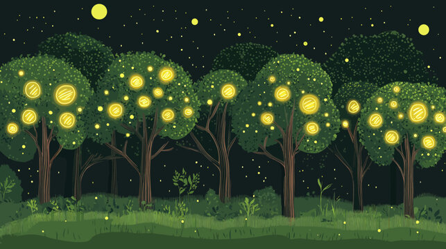 A serene night scene depicting a forest with trees illuminated by glowing orbs