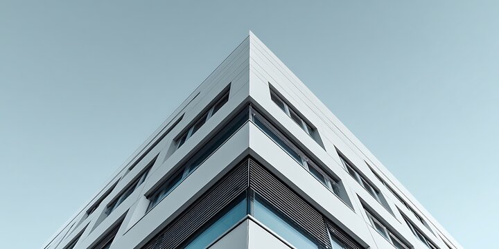 Modern minimalist building with sharp geometric lines and repeating windows against a clear sky, emphasizing architectural design and urban aesthetics