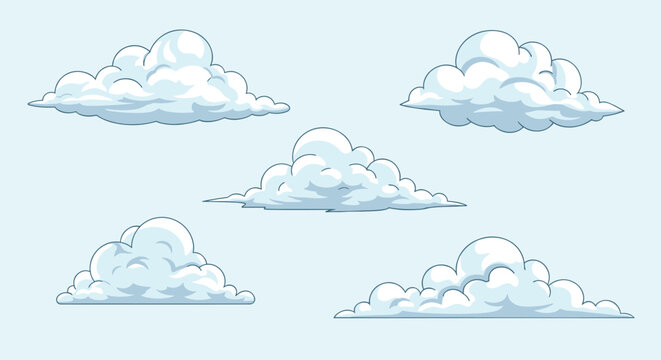 Group of five fluffy white and gray clouds with soft shading and outlines on a light blue background for weather and sky themes.