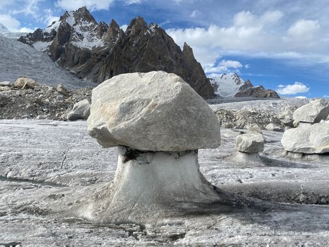 Glacial mushroom rock formation on ice with mountain peaks and blue