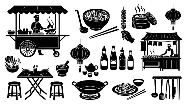 Asian Street Food Stall, Food Cart, Noodles, Lanterns, Kitchenware Vector Art