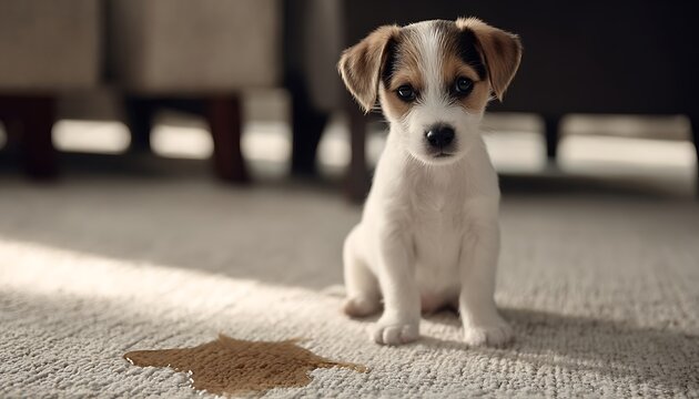 A small, adorable jack russell terrier puppy sits on a carpeted floor next to a small puddle of liquid, looking directly at the camera with innocent eyes