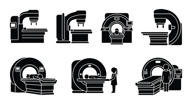 Mri scanner icons set black silhouettes on a white background