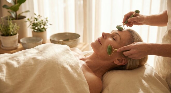 Mature woman receiving facial massage with jade rollers