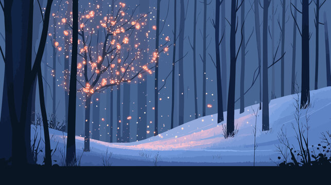 Pixelated illustration of a serene winter forest with glowing lights on a tree, and snow
