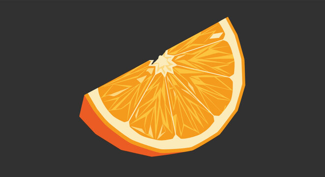 Low poly style illustration of a juicy orange slice with a geometric faceted appearance on a dark background art.