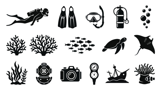 Black  White Underwater Diving Glyph Icons Set: Scuba Gear, Marine Life  Ocean Elements