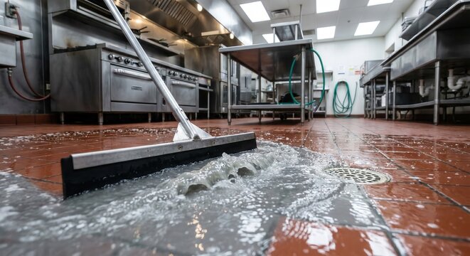 Squeegee pushing water towards drain in industrial kitchen