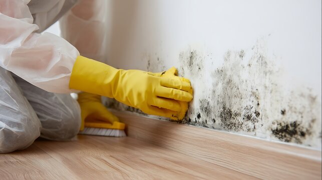 Person in protective suit and yellow gloves cleaning black mold from a wall near the floor with a brush