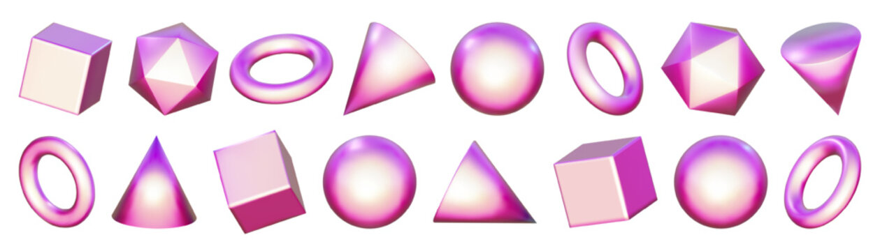 Pink 3d abstract basic shape, math figure object render. Iridescent elements, sphere cube and metal ring ball. Gradient holographic cone circle set. Y2k glossy pastel form of simple isometric sticker