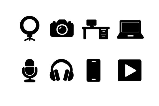 Home Studio Icons. Home studio blogging. Filled icon set of Home studio blogging: ring light, camera, desk,