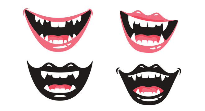 Assorted vampire and monster mouths with sharp white fangs and pink lips for spooky Halloween themed art designs.
