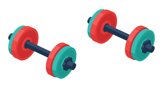 Pair of gym dumbbells with red and teal weights shown in an isometric perspective on a clean white background.