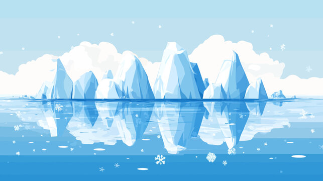 A stylized pixel art illustration depicts icebergs and their reflection in a calm blue sea with snowflakes