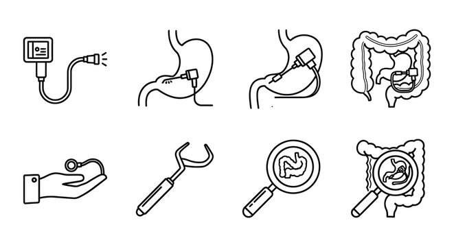 Endoscopy icons set medical instruments line style on white background