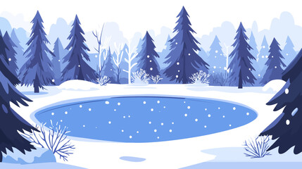 Fototapeta premium A serene winter scene depicts a frozen pond surrounded by snowy landscape, pine trees, and gentle snowfall