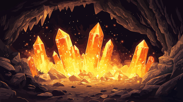 Glowing orange crystals sparkle in a dark cave setting, rendered in a pixelated art style