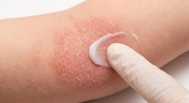 Applying medicinal cream to red scaly eczema on child's skin