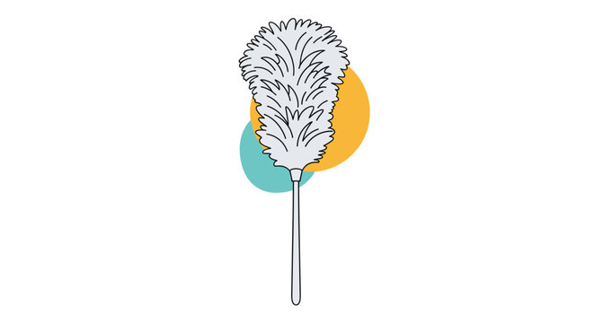 Long feather duster illustration with a grey fluffy head and thin handle over abstract teal and orange circles.