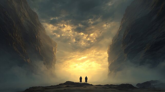 Two silhouetted figures stand on a rocky outcrop against a sky with bright sunlight breaking through dark storm clouds