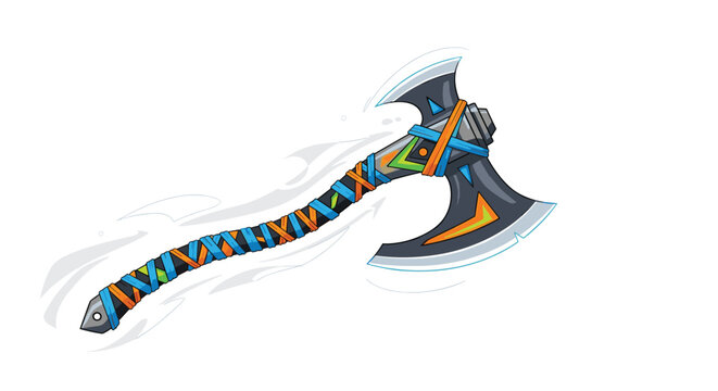 Ornate fantasy battle axe with a grey double blade and handle wrapped in colorful blue orange and green bands.