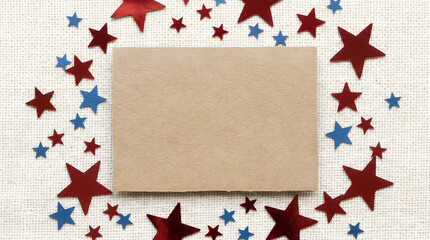 Fototapeta premium Red and blue stars frame blank tan paper for text
