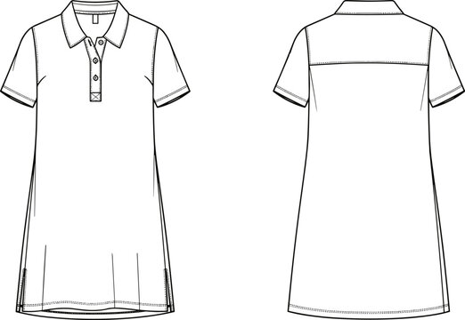Technical fashion sketch of a short sleeve polo dress with a collar and button placket for apparel design and manufacturing.