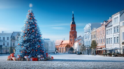 Obraz premium Historic Town Square with Christmas Tree and Decorations in Background