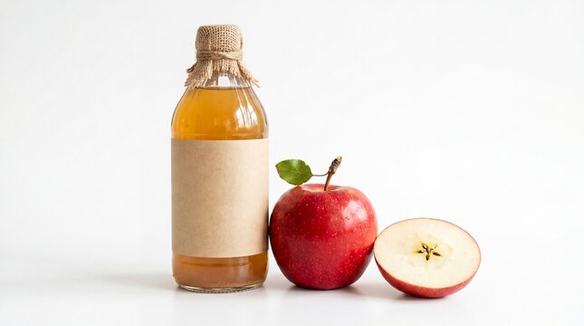 Bottle of apple cider with fresh red apples on the side