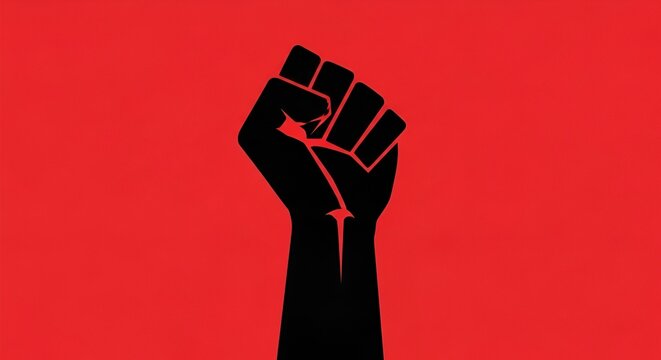 Black fist raised against red background, symbol of power, protest, and solidarity