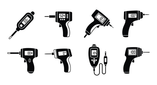 Flat vector set of digital thermometers black icons on white background