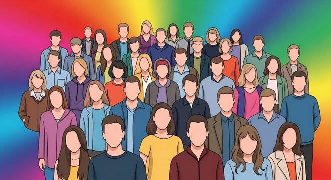 Diverse crowd of people with blank faces against a vibrant rainbow background