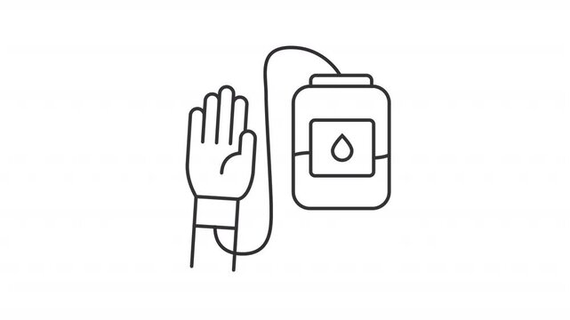 Animated hand with connected blood bag line icon. Safe transfusion procedure animation. Medical donation process. Chemical therapy. Outline element on white background. HD video with alpha channel